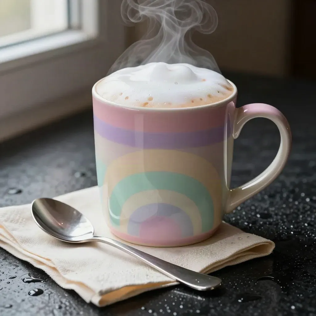 Pastel rainbow mug with frothy drink on wet black basalt beside a spoon and cream napkin