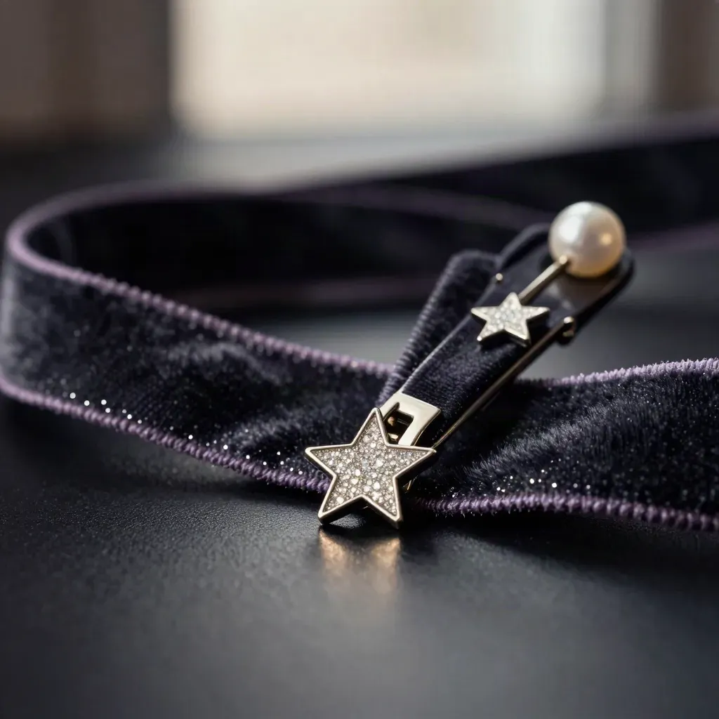 Star-shaped clips on velvet ribbon with pearl pins, lit in dark dramatic style.