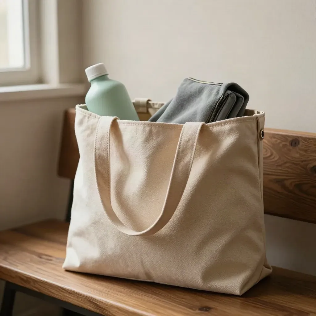 Open pastel tote bag with sweatshirt, pouch and mint bottle on walnut, strap mid-sway.