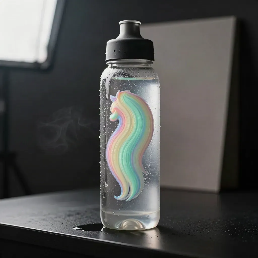 Floor-level close-up of a condensation-beaded rainbow mane water bottle on matte black.